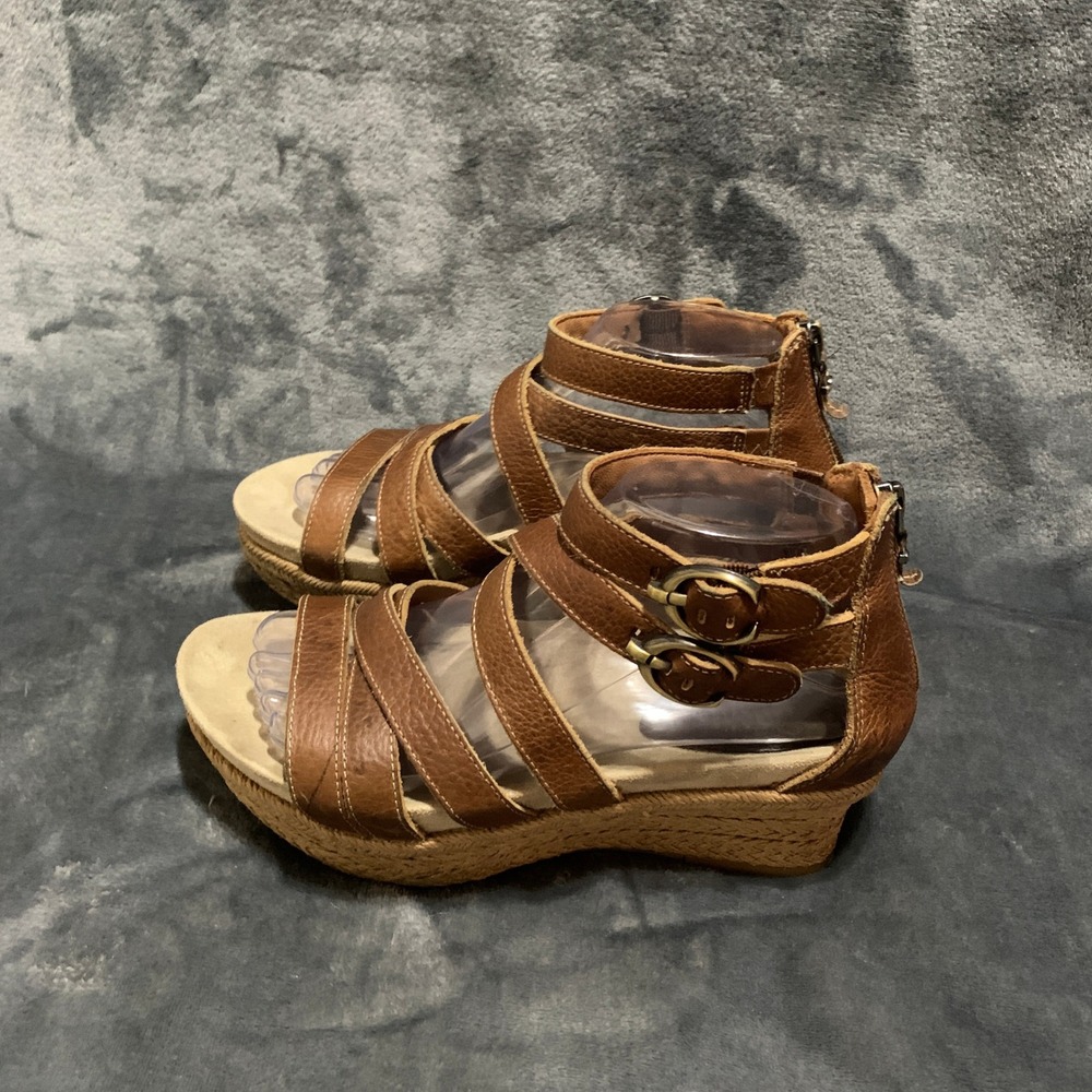 Earthies Tortola Almond Brown Leather Espadrille Wedge Sandals Womens 8B